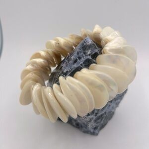 MOP Stretch Shell Bracelet Iridescent Creamy Shells Taupe Accents Boho Beach